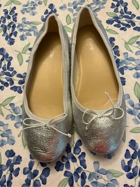 J. Crew Silver Glitter Ballet Flats with Bow